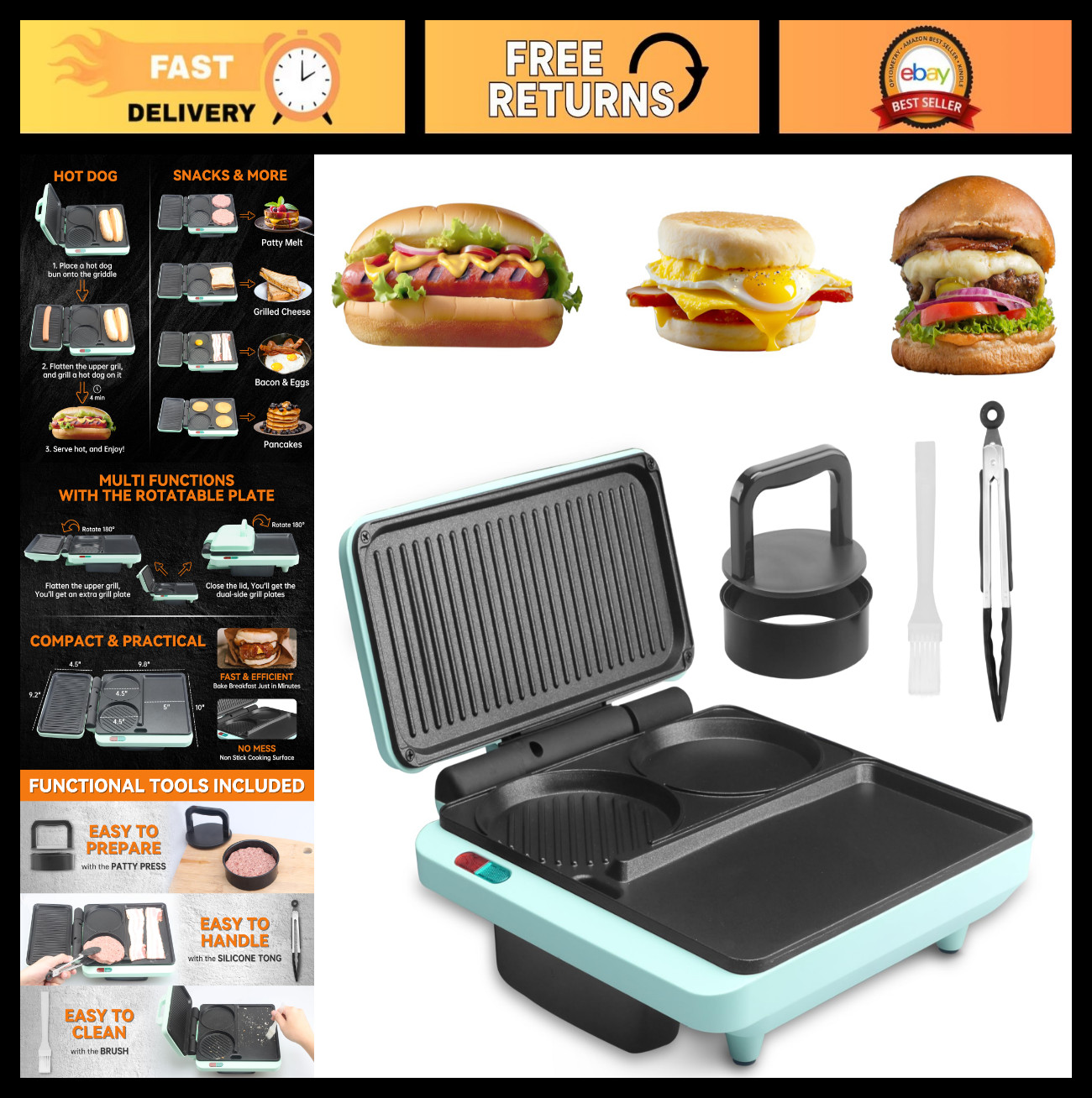 3-in-1 Breakfast Sandwich Maker & Electric Griddle, Nonstick Grill Combo, Egg Mu