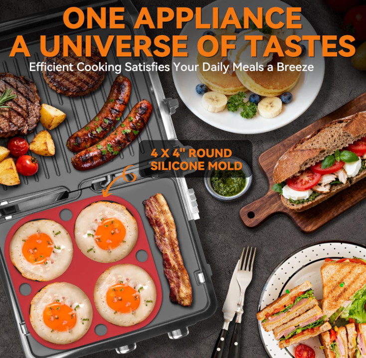 Grill Panini 4 Rebanadas 180° Placas Reversibles Control Temperatura 4en1