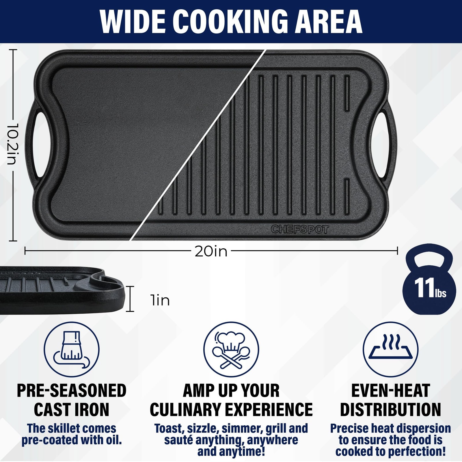 Griddle Pan Stove Top 20 Inch Reversible Cast Iron Double Burner Plate