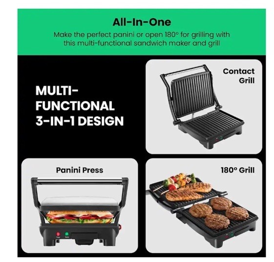 Chefman 3-in-1 Panini Press & Grill,4-Slice Non-Stick,Opens Flat-Stainless Steel