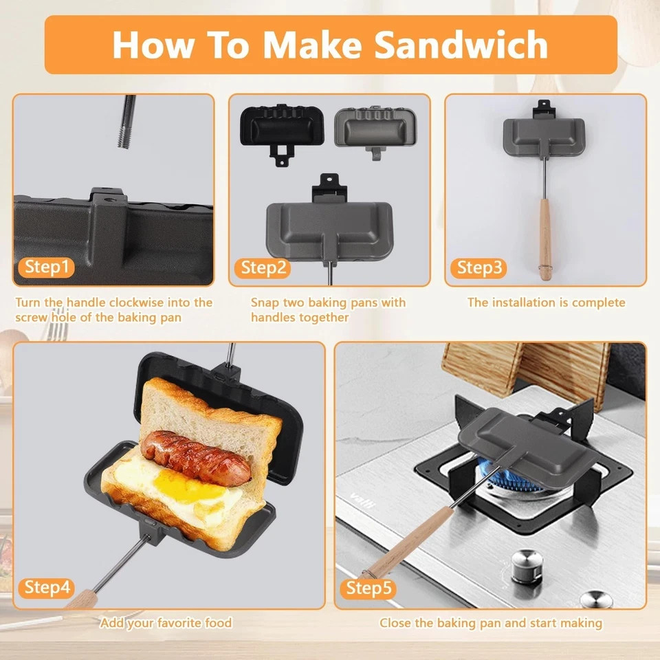 Hot Sandwich Maker, 4w1h Sandwich Maker Double Sided Pie Iron Non-Stick Cast …
