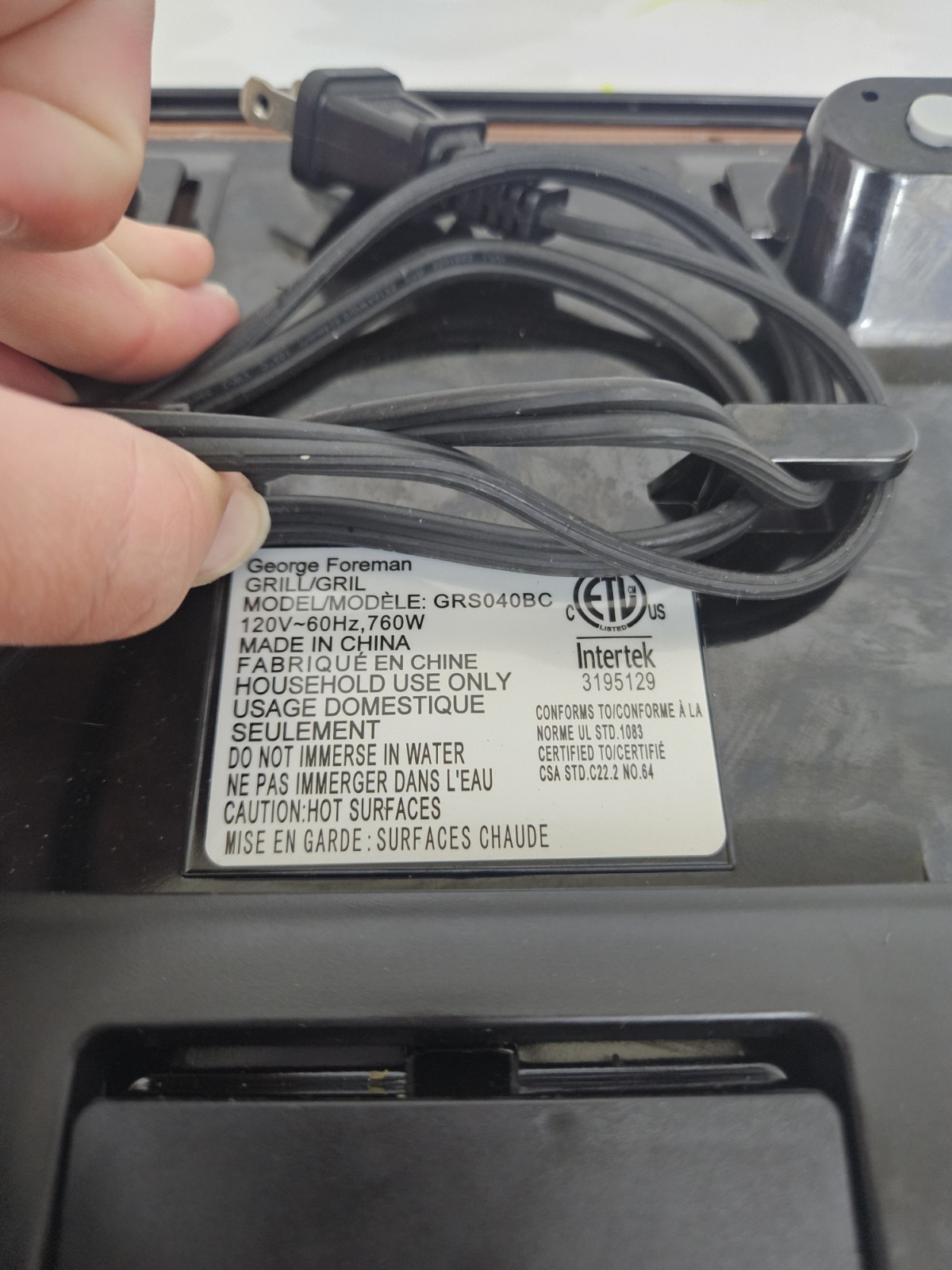 George Foreman Grill Model GRS040BC 120v-60hz