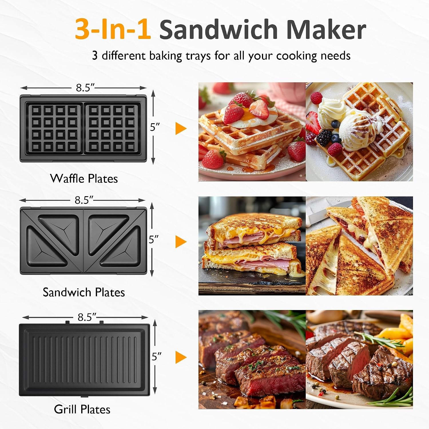 3 in 1 Sandwich Maker Electric Waffle Maker W/ Removable Non-stick Plates 800W