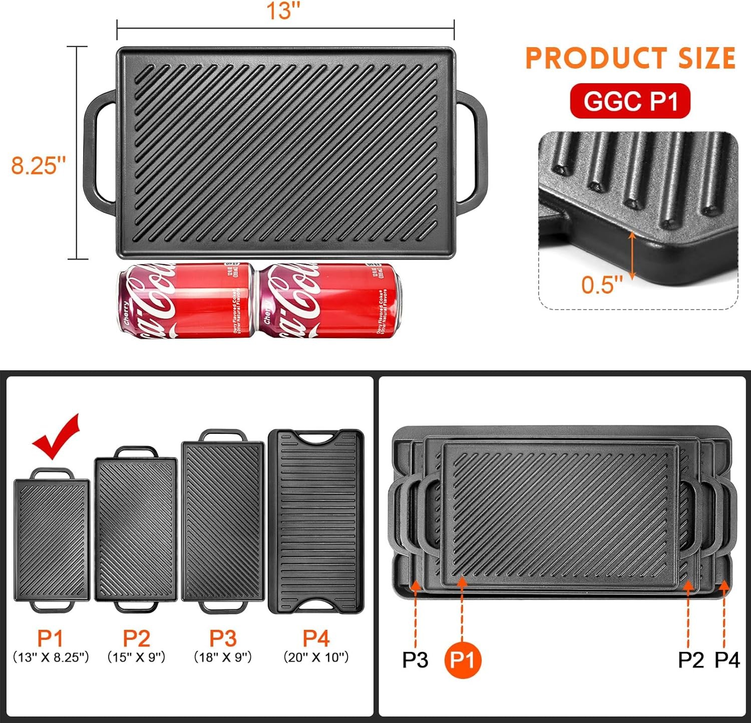 Cast Iron Reversible Grill Griddle，Double Sided Grill Pan Perfect for Gas Grills