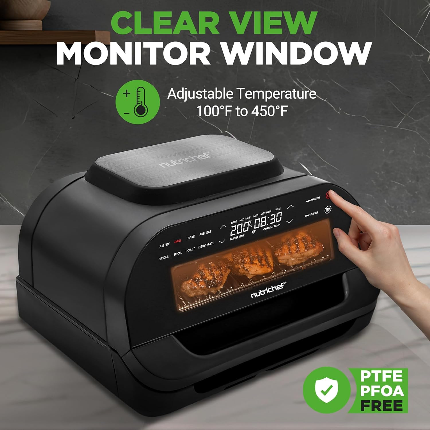 Nutrichef Indoor Smokeless Grill | Smart Grill & Air Fryer with 7 Cooking Functi