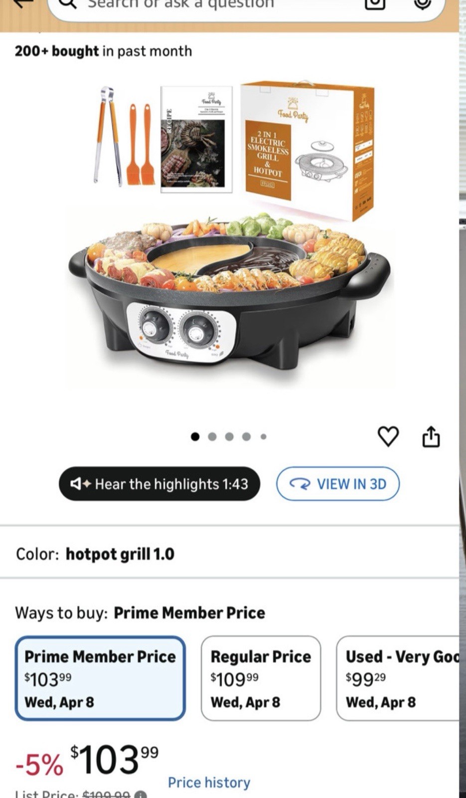 Food Party Smokeless Electric Grill & Hotpot FPJ202 Black Oval Indoor