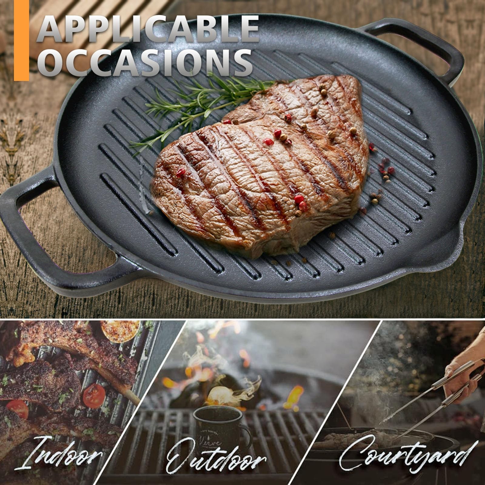 Best Cast Iron Grill Pan, 12.6 inch Griddle Pan with Dual Handles, Pre-Seasoned