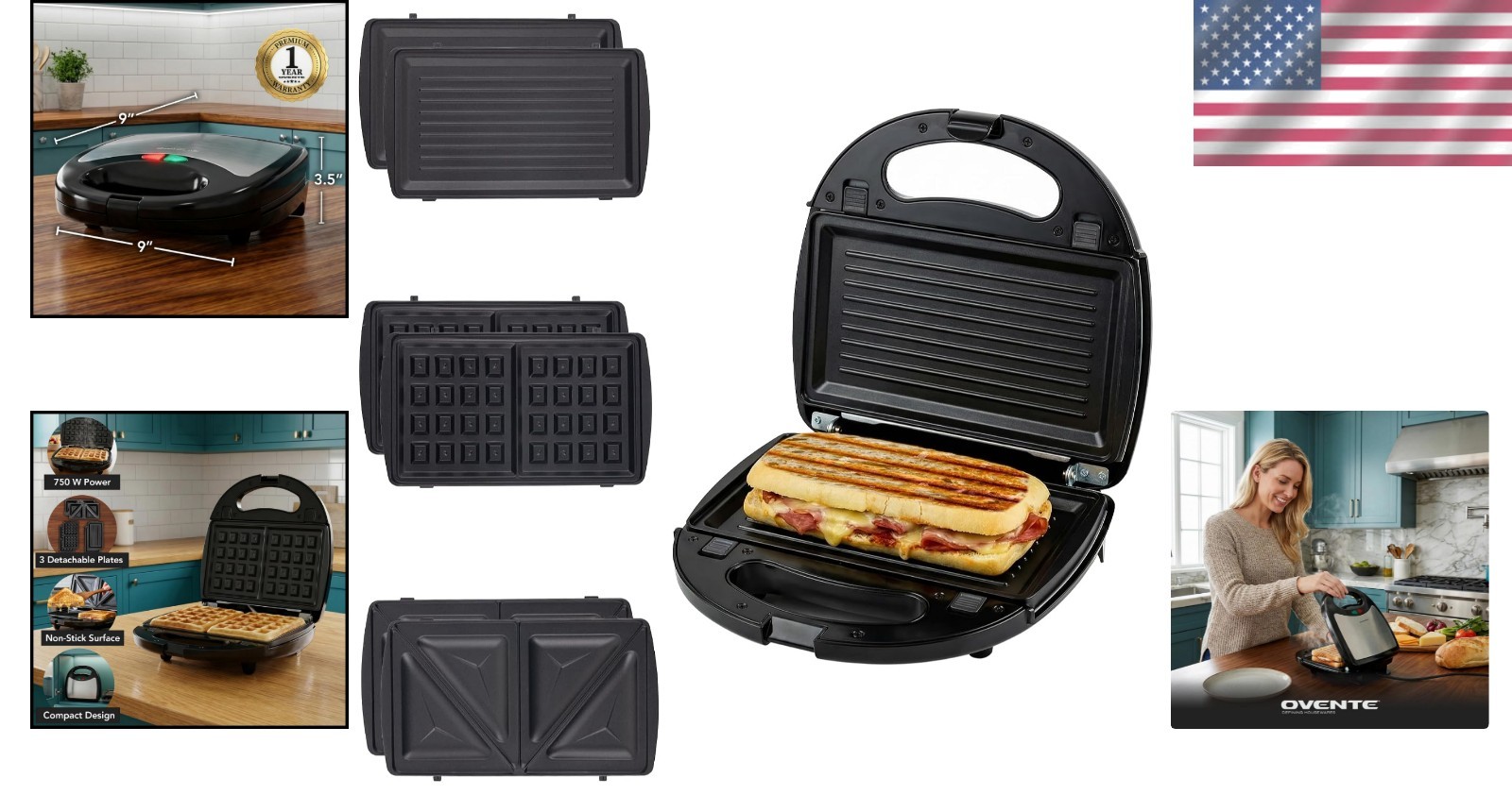 750 Watts Versatile Sandwich Maker & Waffle Iron with Cool-Touch Handle – Black