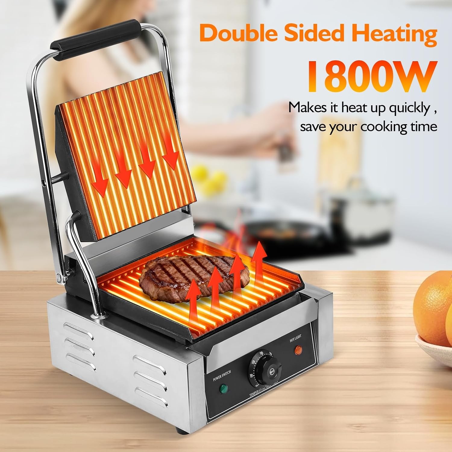 1800W Indoor Electric Grill Double-Sided Griddle 50-300°C Adjustable Temperature