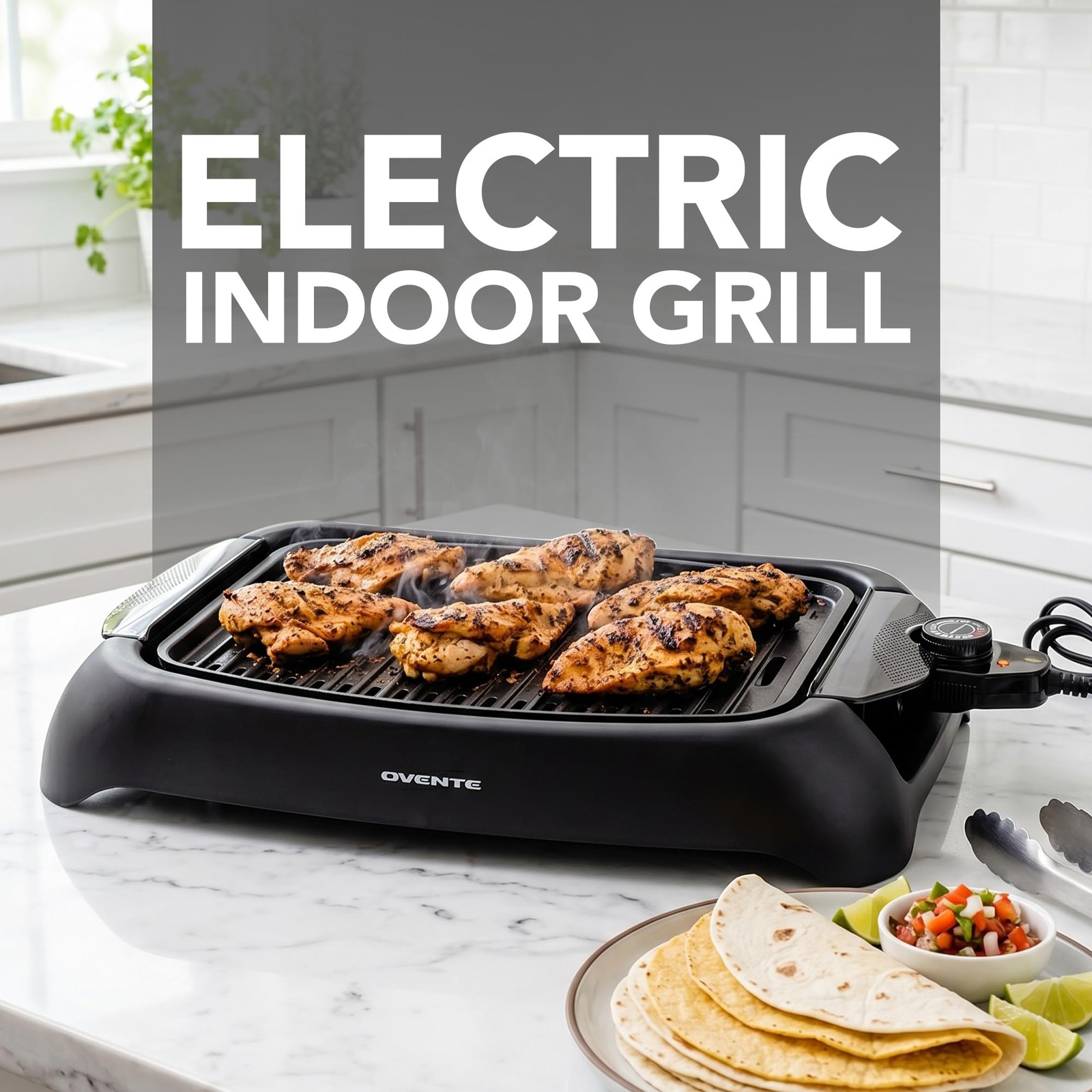 Ovente Electric Indoor Grill 13X10 Inch Non-Stick Cooking Surface 1000W Heat Up