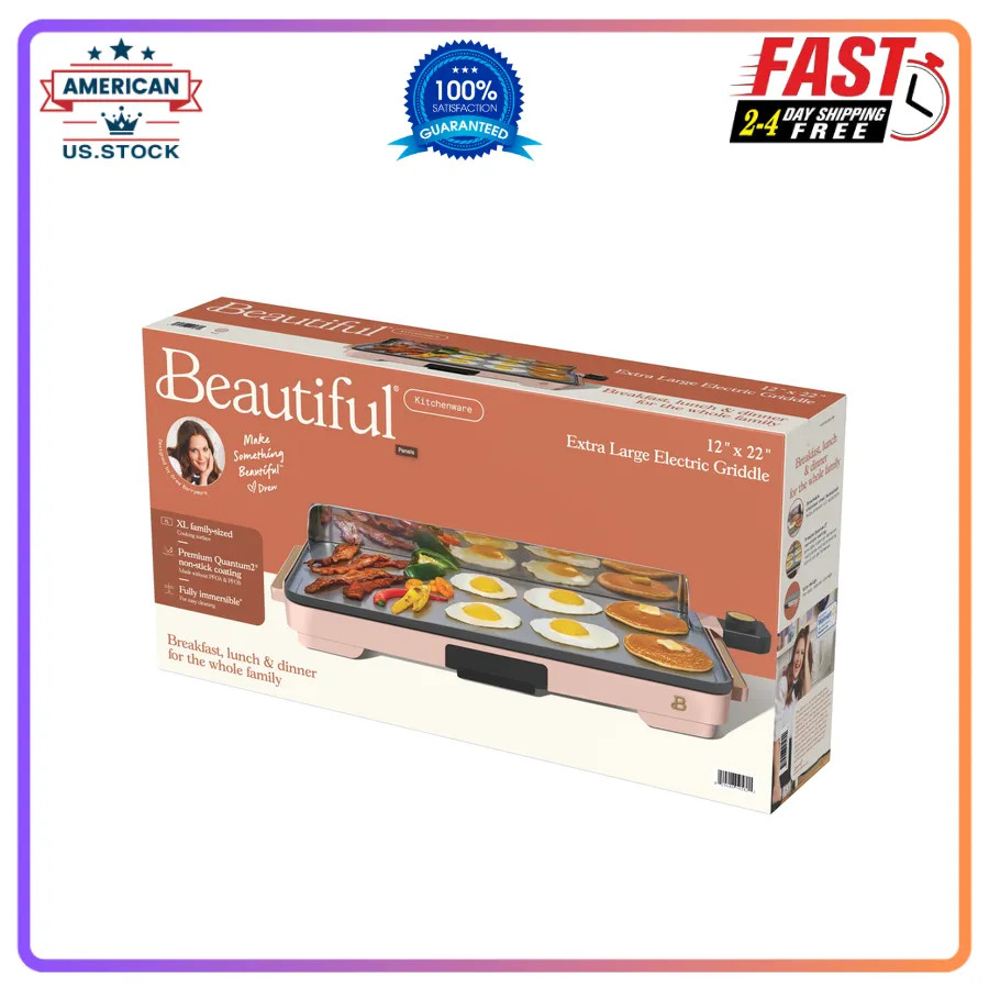 Drew Barrymore Beautiful XL Electric Griddle 12×22 Nonstick Rose Gold