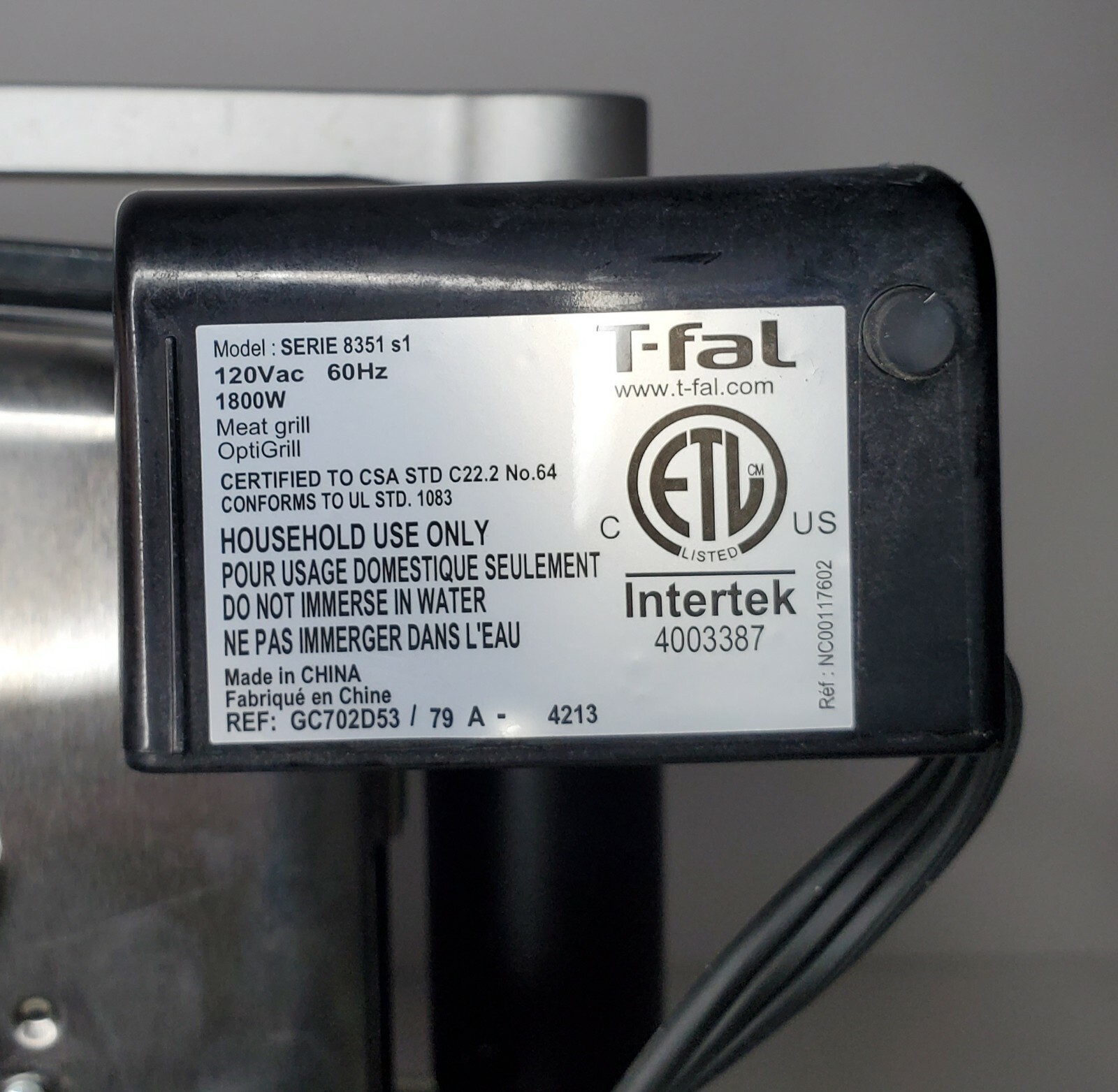 T-Fal OptiGrill Series 8351s1 Automatic Sensor Indoor Grill/w Detachable Plates
