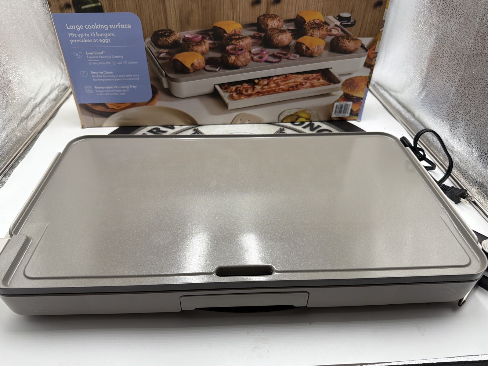 Bella 12″ x 22″ XL Griddle with Warming Tray, OATMILK COLOR