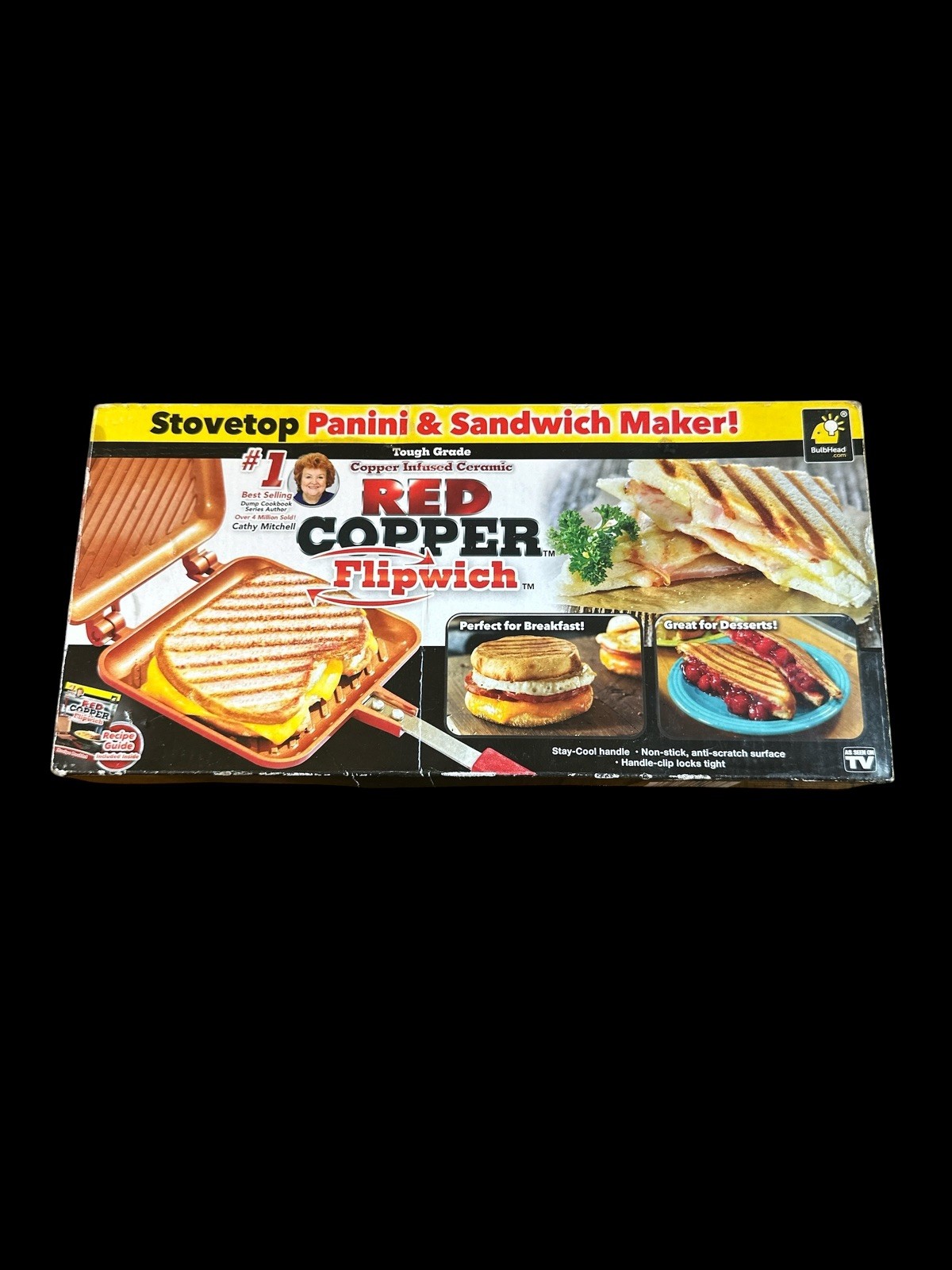 Red Copper Flipwich Stovetop Panini & Sandwich Maker Non Stick Ceramic New