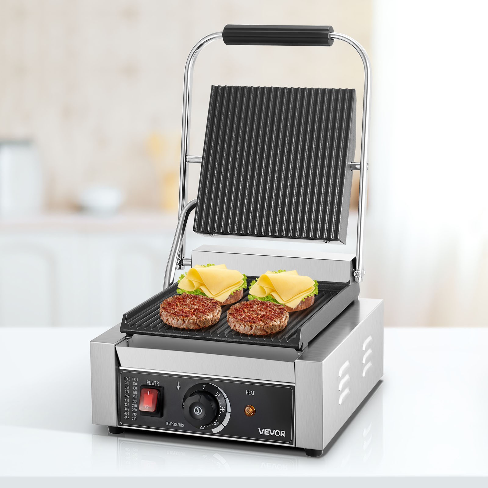 VEVOR Commercial Panini Press Grill Electric Sandwich Maker Griddle Plate 9x9in
