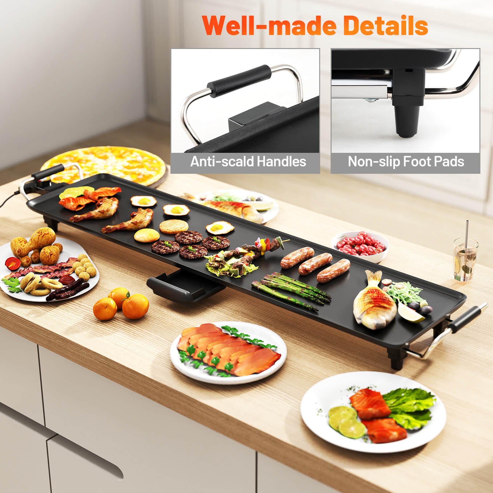 27″ Large Electric Griddle w/ Adjustable Temperature Thermostats and Drip Tray