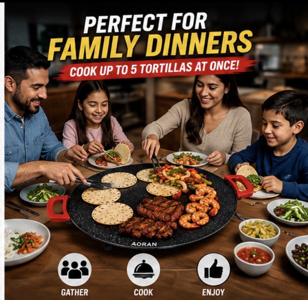 AORAN 16in Round Electric Comal Griddle 1000W Non-Stick Temp Control Black