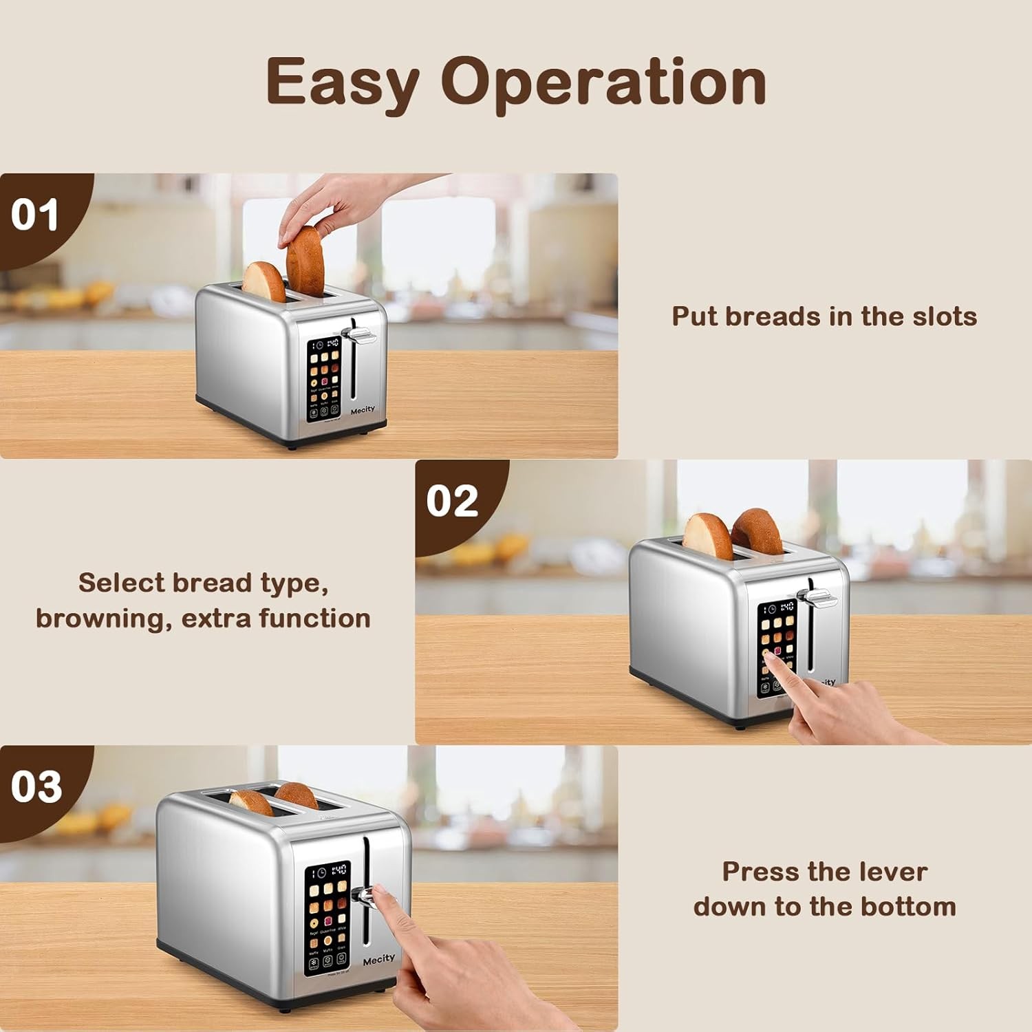 Mecity 2 Slice Toaster Touch Screen 1.5″ Wide Slot, Stainless Steel