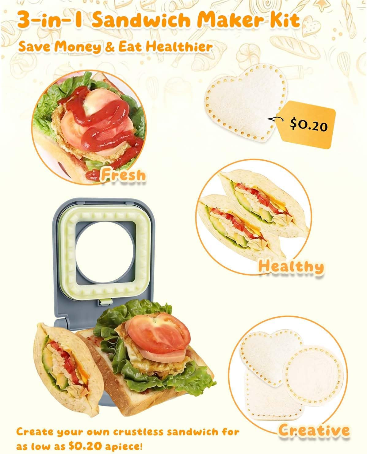3-In-1 Uncrustable Sandwich Maker – Heart/Round/Square Crustless