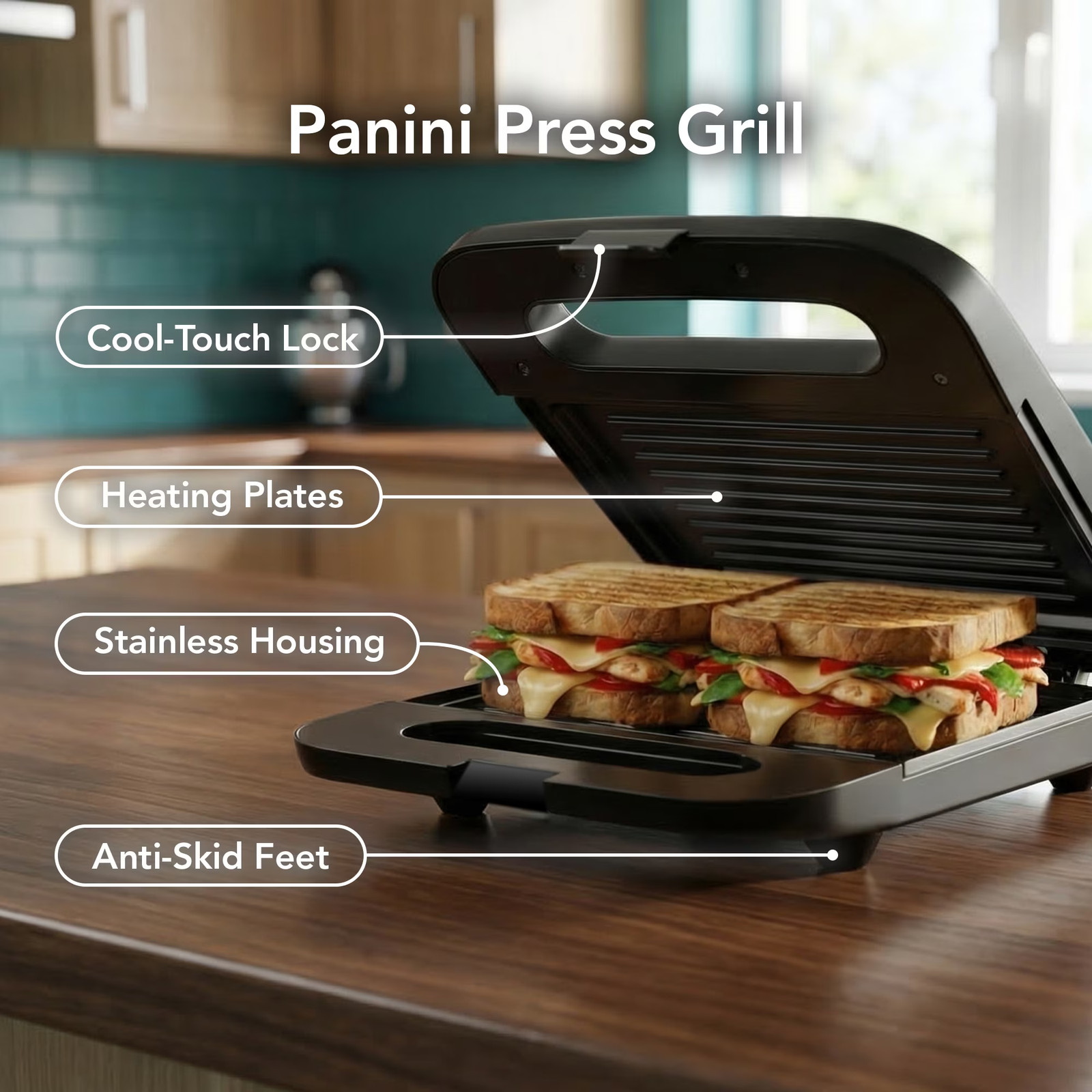 Electric Sandwich Maker with Non-Stick Plates, Indicator Lights, Cool To