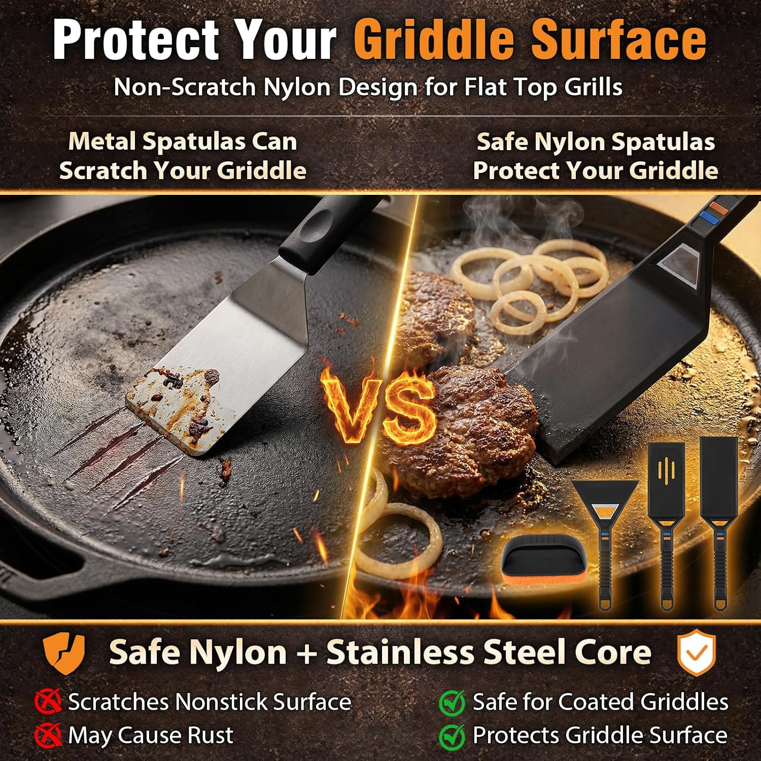 Griddle Kit, 17″ X 13″ Pre-Seasoned Cast Iron Flat Top Griddle with 5-Piece Scra