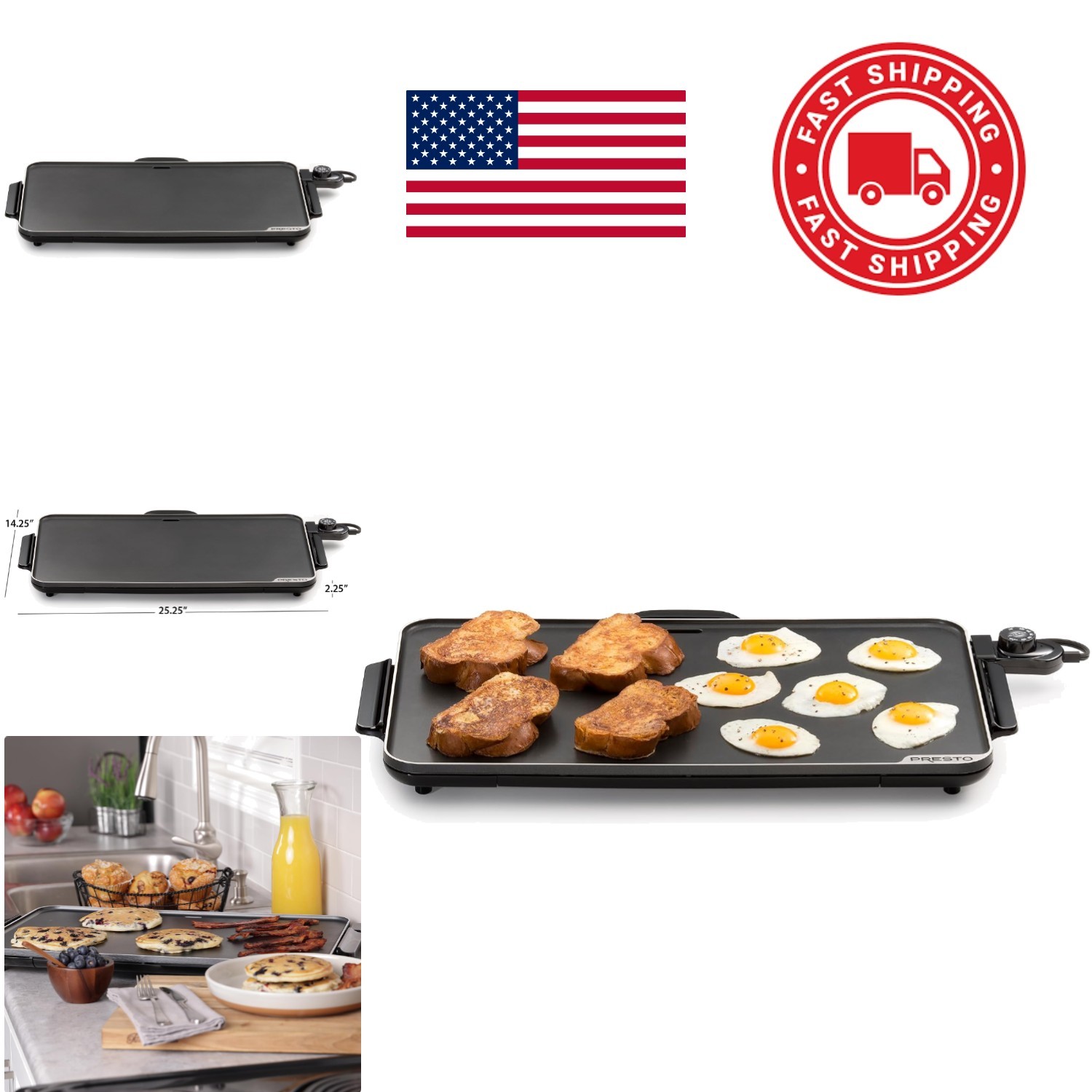 Low Profile 22 Inch Griddle Black Ceramic Nonstick PFAS Free Cooking Surface