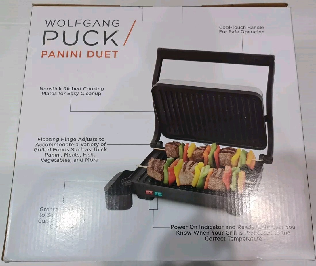 WOLFGANG PUCK Panini Duet Sandwich Maker Non-Stick Stainless Steel Open Box