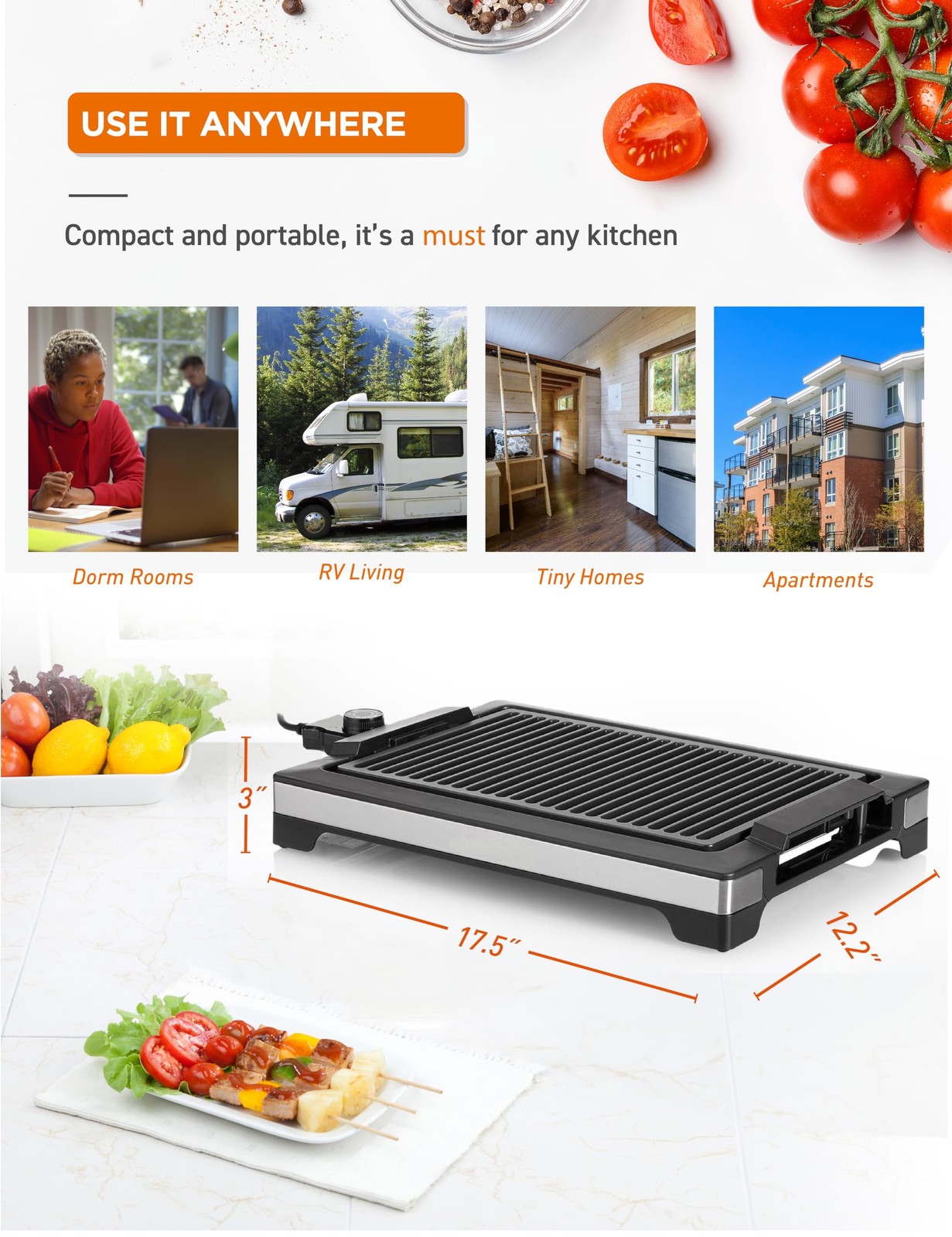 Commercial Chef Indoor Grill For Tabletop Countertop Or Kitchen 1600W Electric