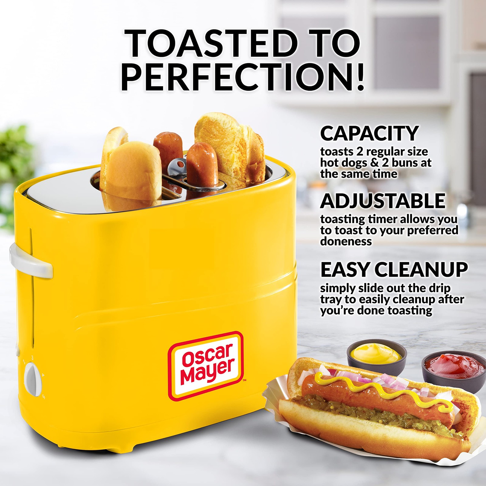 Oscar Mayer 2 Slot Hot Dog and Bun Toaster with Mini Tongs, 2 Slots, Yellow