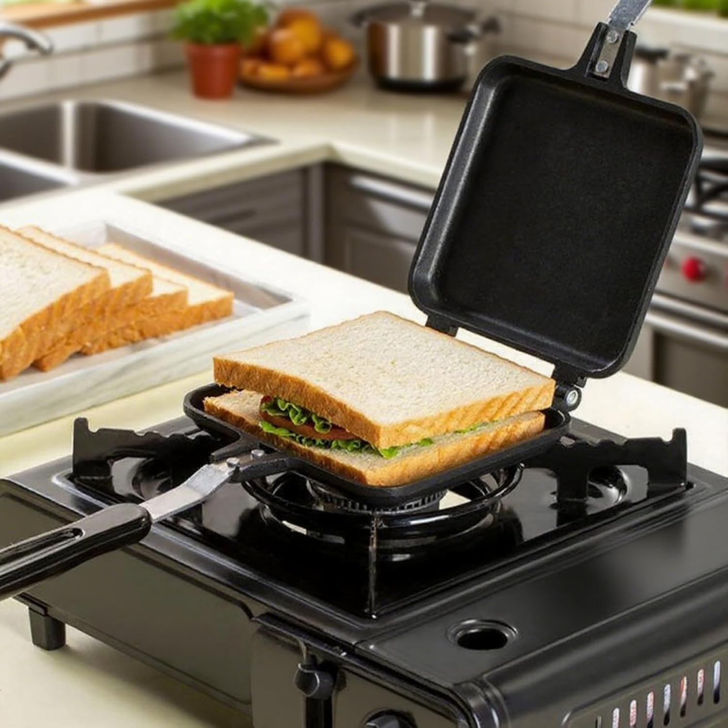 Compact Non-Stick Double-Sided Sandwich Maker for Stove Top & Camping