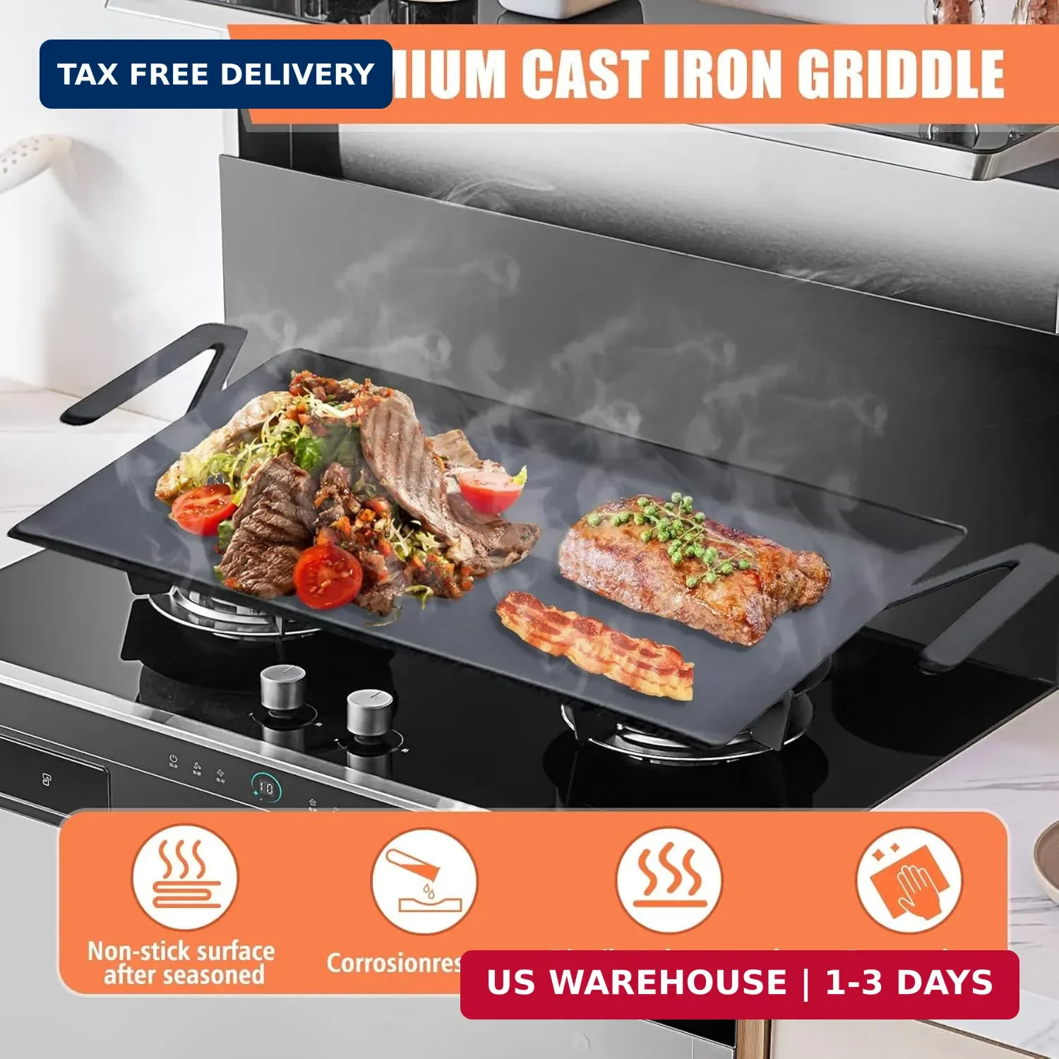 24” Carbon Steel Griddle, Professional Pre-seasoned Cookware for Double Burner