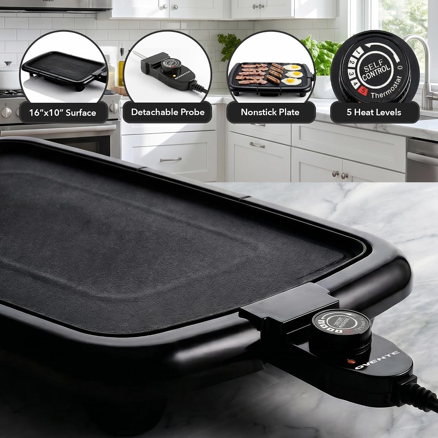 Electric Griddle with 16 x 10 Inch Flat Non-Stick Cooking Surface Removable and