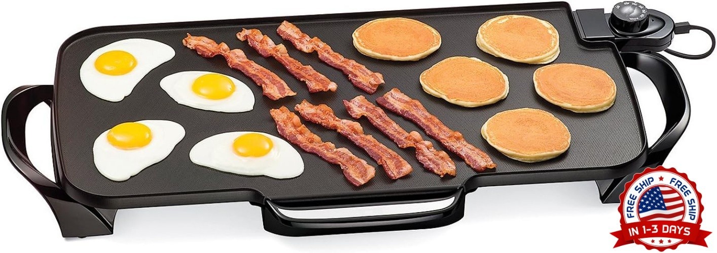 Plancha eléctrica de 22″ con asas extraíbles y superficie cerámica antiadherente