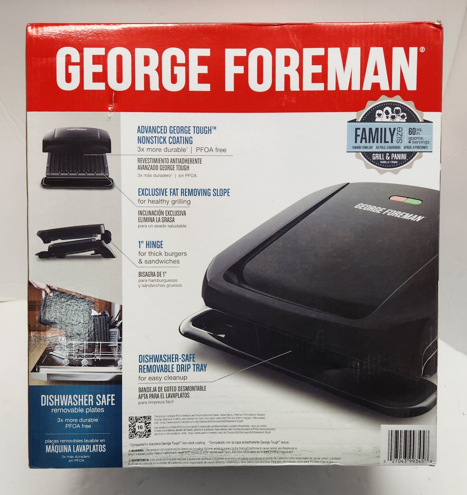 George Foreman Family Size Grill & Panini Press GRP1060B Dishwasher Safe – NEW