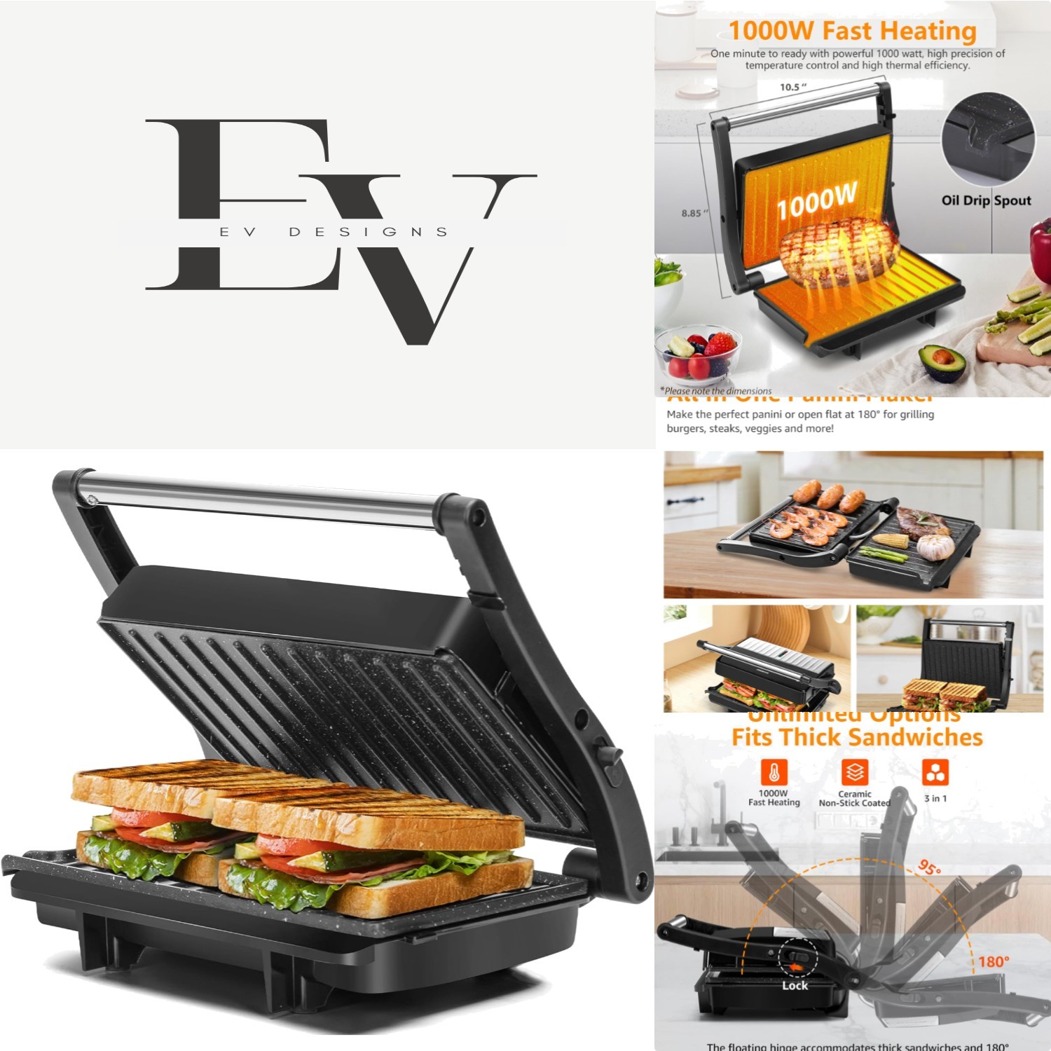 Versatile 1000W Indoor Panini Maker Electric Grill – Locking Lid & Space-Saving