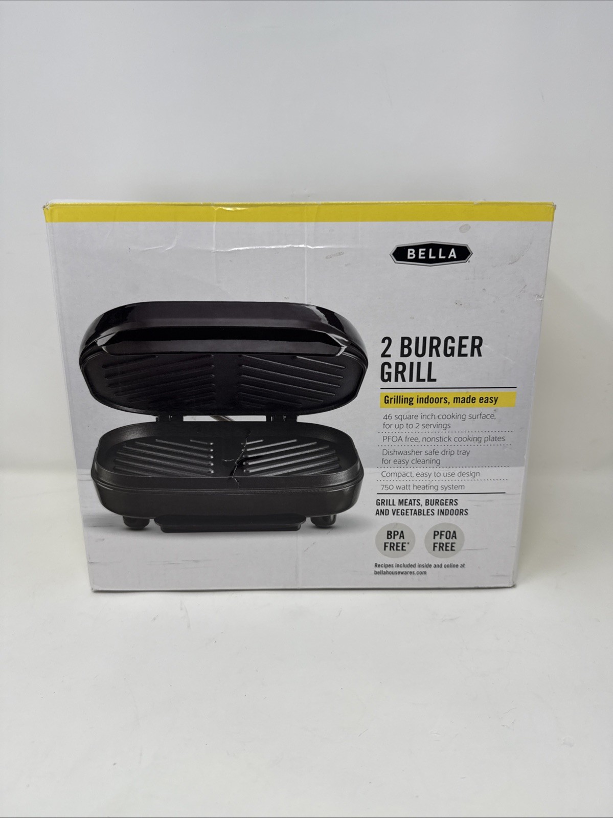 NIB Bella 2 Burger Grill Indoors Nonstick 750 watt Compact