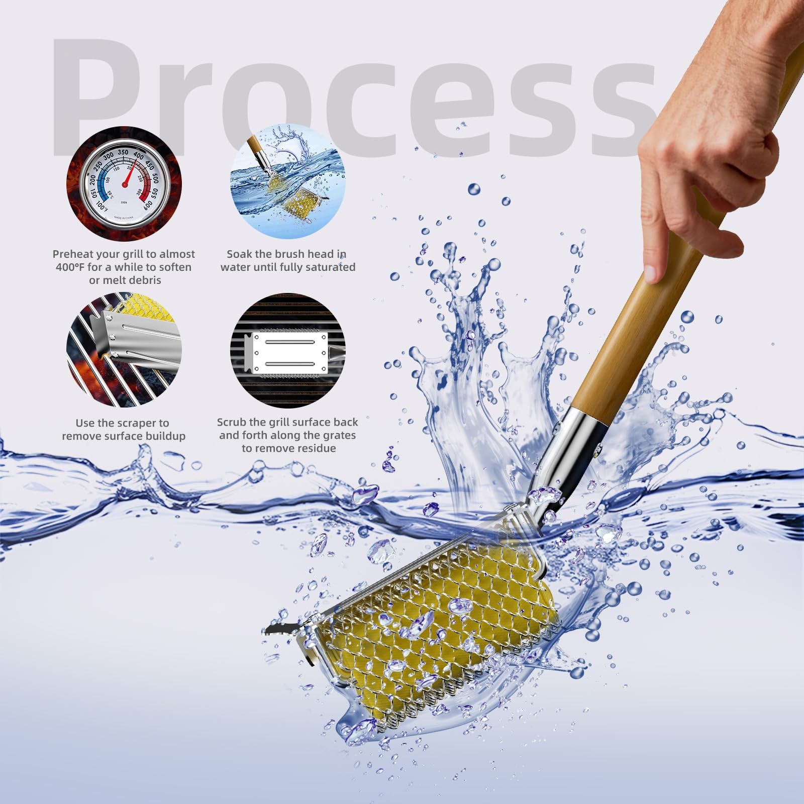 Grill Brush Bristle Free with Scraper, Safe Steam Cleaned Wood