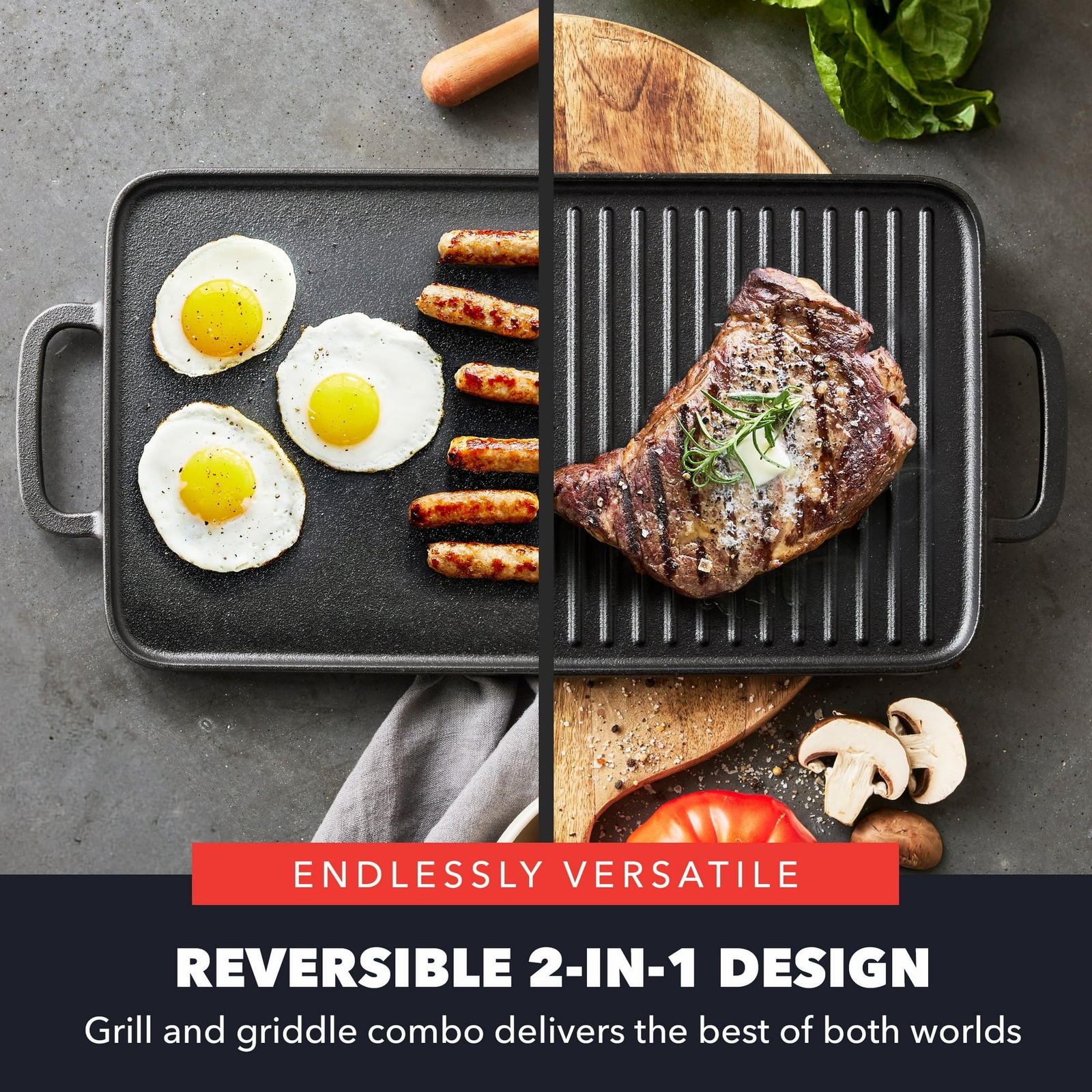 Bobby Flay Cast Iron Pre-Seasoned 11” Reversible Double Burner Rectangle Grill/G