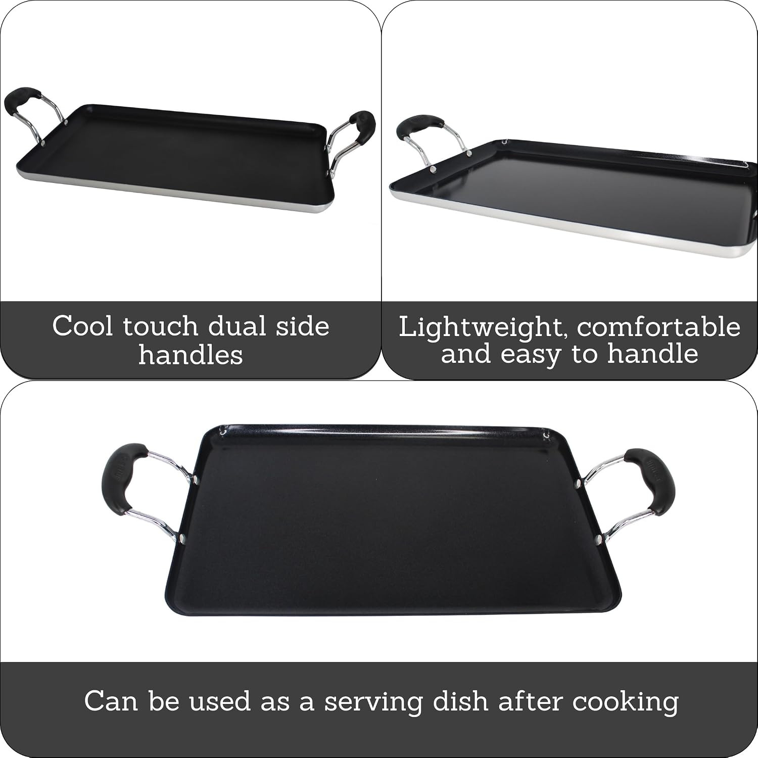 19×12″ Black Aluminum Double Burner Griddle with Nonstick Ceramic Coating