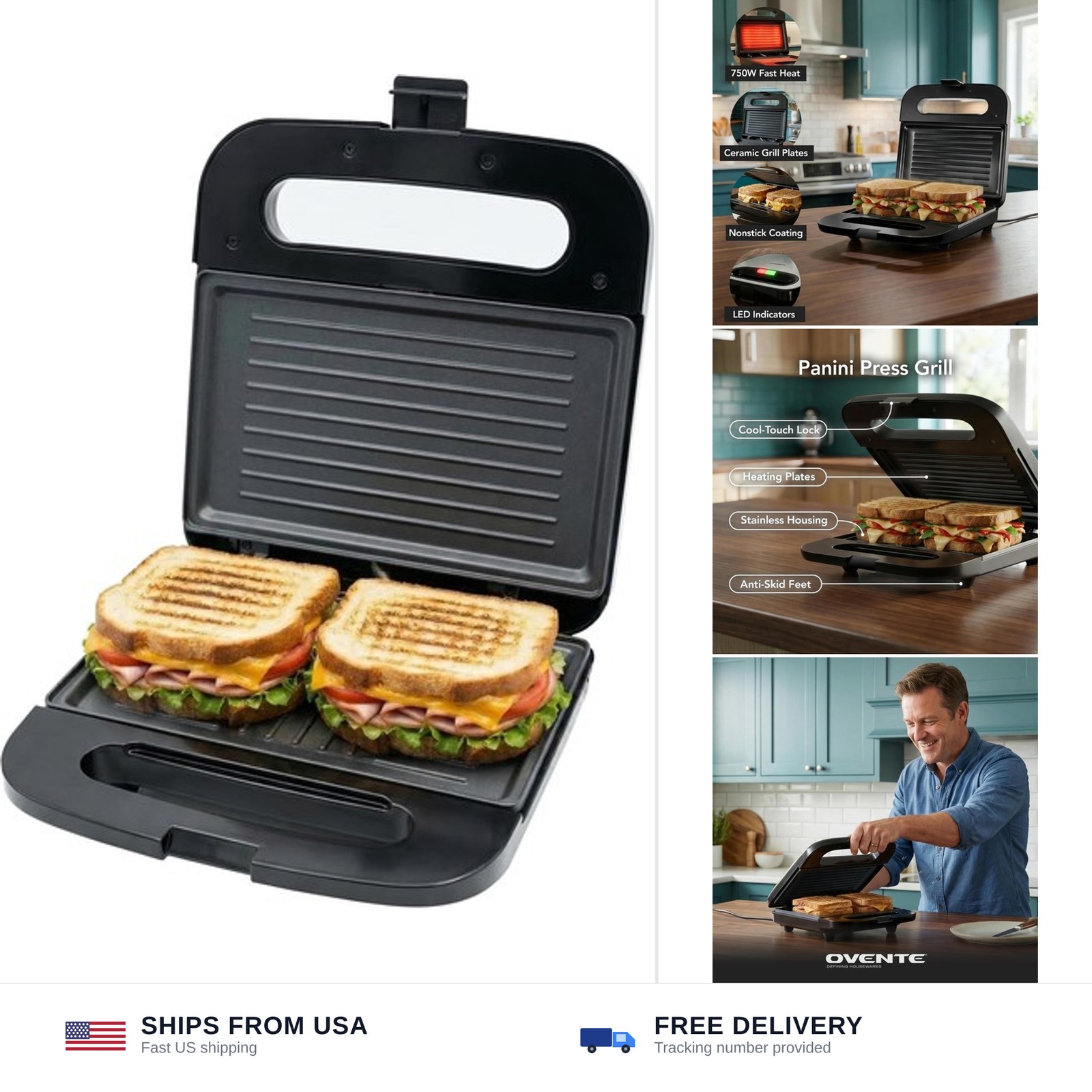 OVENTE Electric Panini Press Grill with Nonstick Plates, LED Indicator Lights…