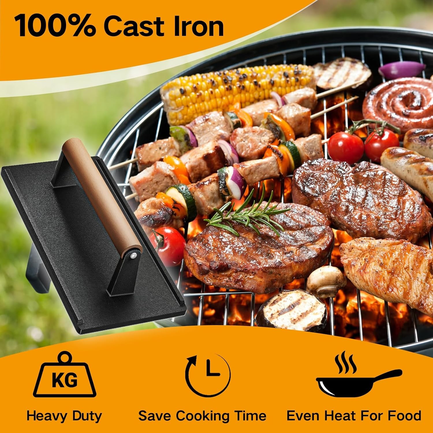 Cast Iron Grill Press-2PCS Heavy Duty Bacon/Burger/Griddle/Chef Press with Wood