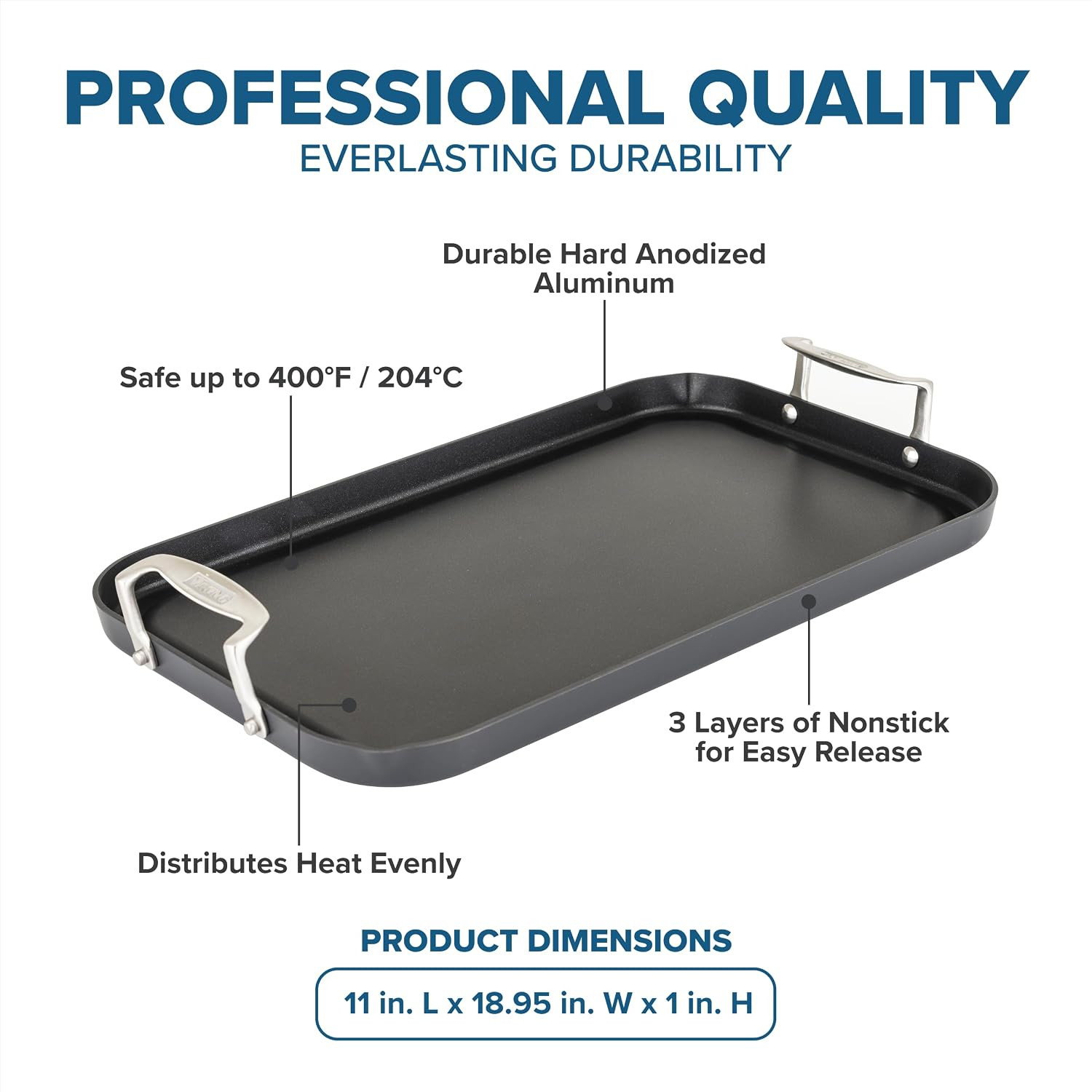 Viking Nonstick Double Burner Griddle, 19 X 11 Inch Hard Anodized Kitchen Grill