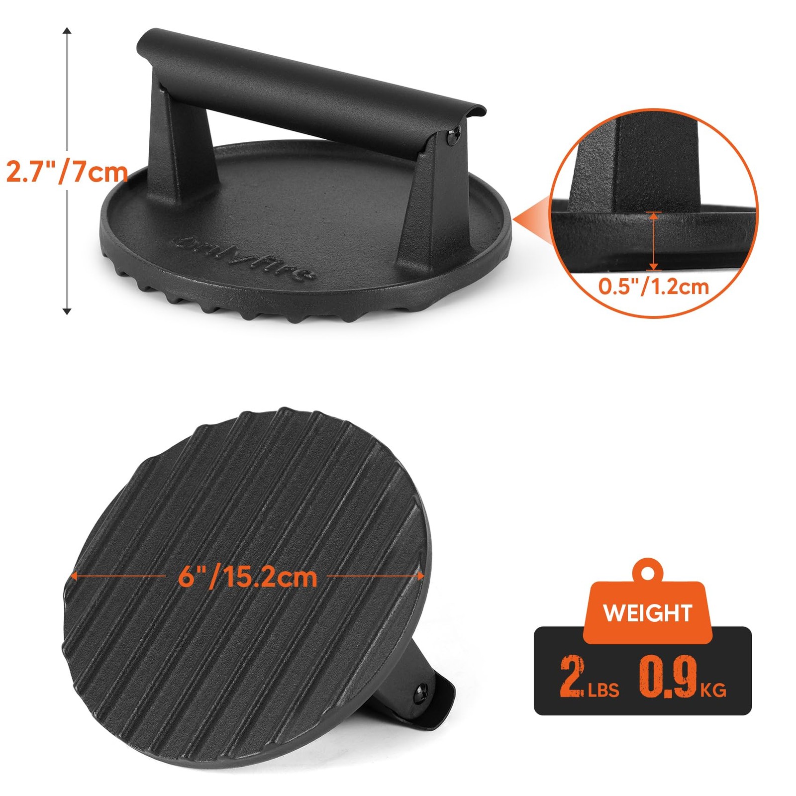 onlyfire Cast Iron Grill Press, Heavy-Duty Smash Burger Press Meat black
