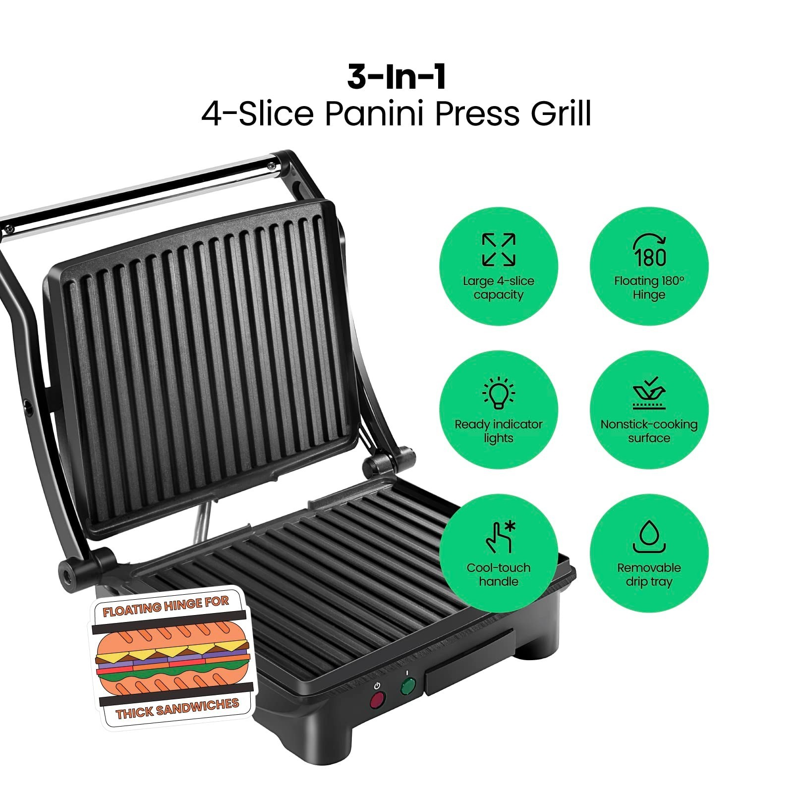 Non-Stick Panini Press Grill & Gourmet Sandwich Maker, 180° Opening, 4 Slice, Re