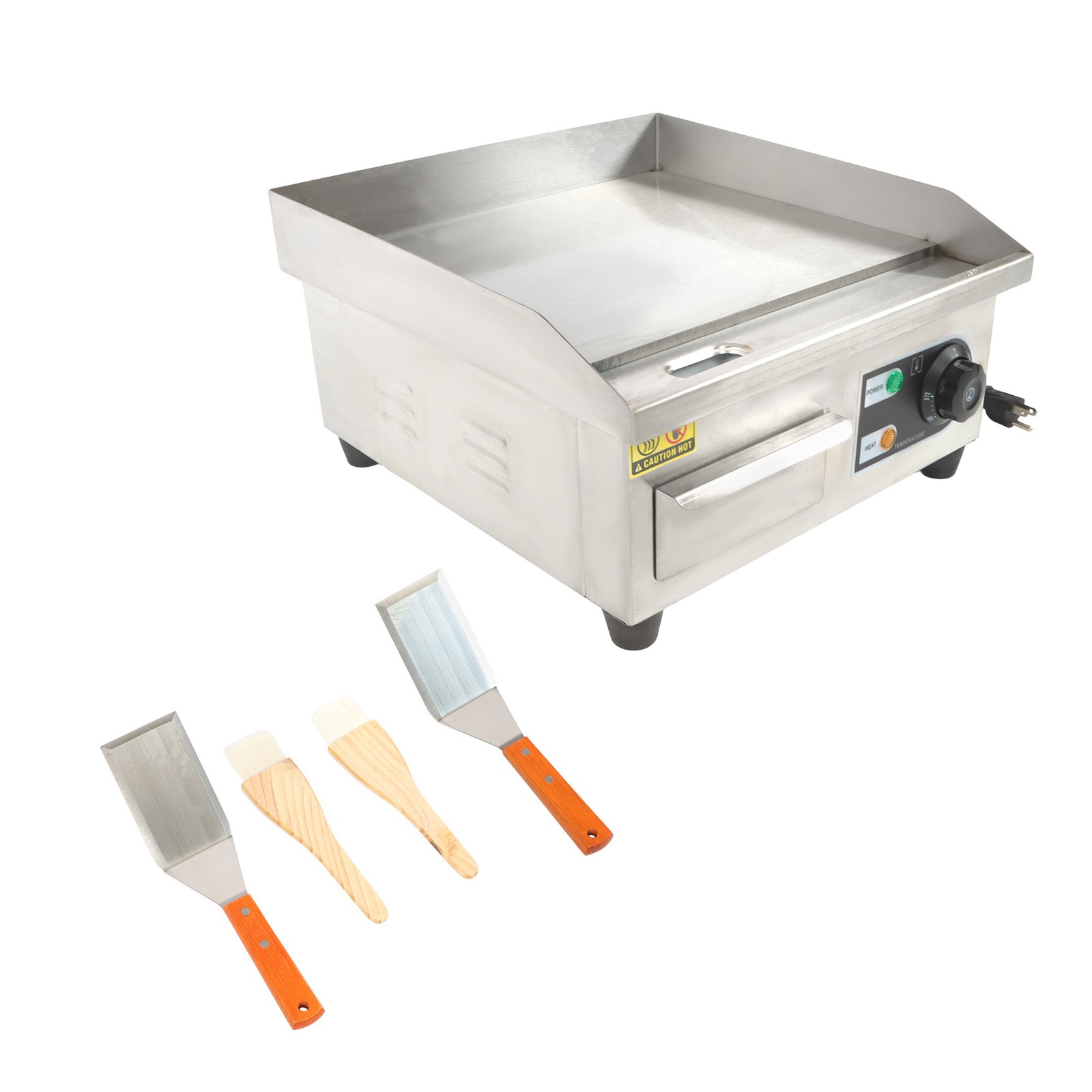 Adjustable Temp Electric Griddle, 1500W, 14in Stainless Steel Flat Grill