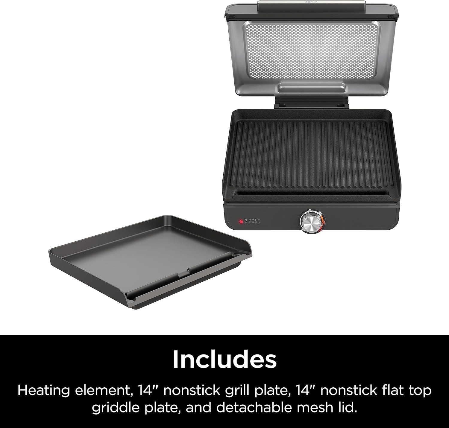 Ninja GR101 14″ Indoor Grill & Griddle | 500°F Nonstick Dishwasher Safe