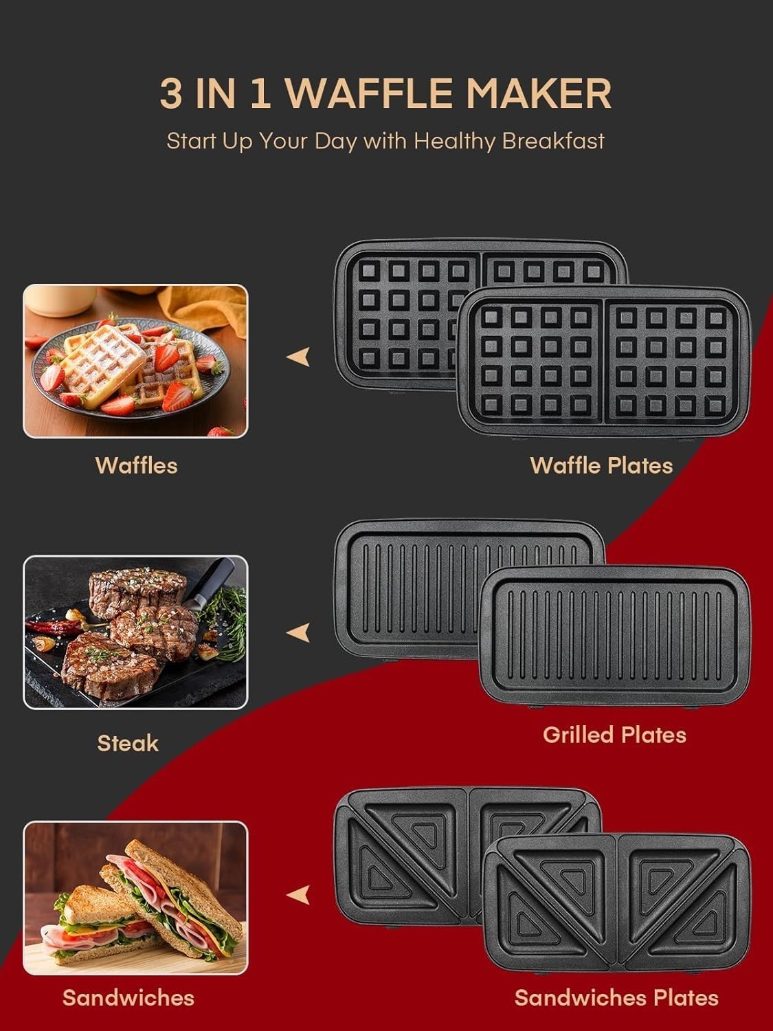 Waffle Maker 3 in 1 Sandwich Maker 1200W Panini Press W/ Removable Plates &