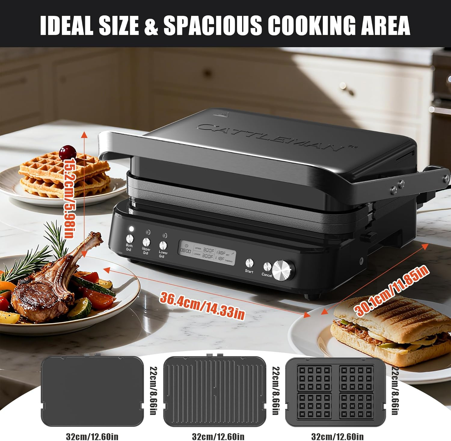 CATTLEMAN 6-in-1 Panini Grill & Waffle Maker with Removable Nonstick Plates