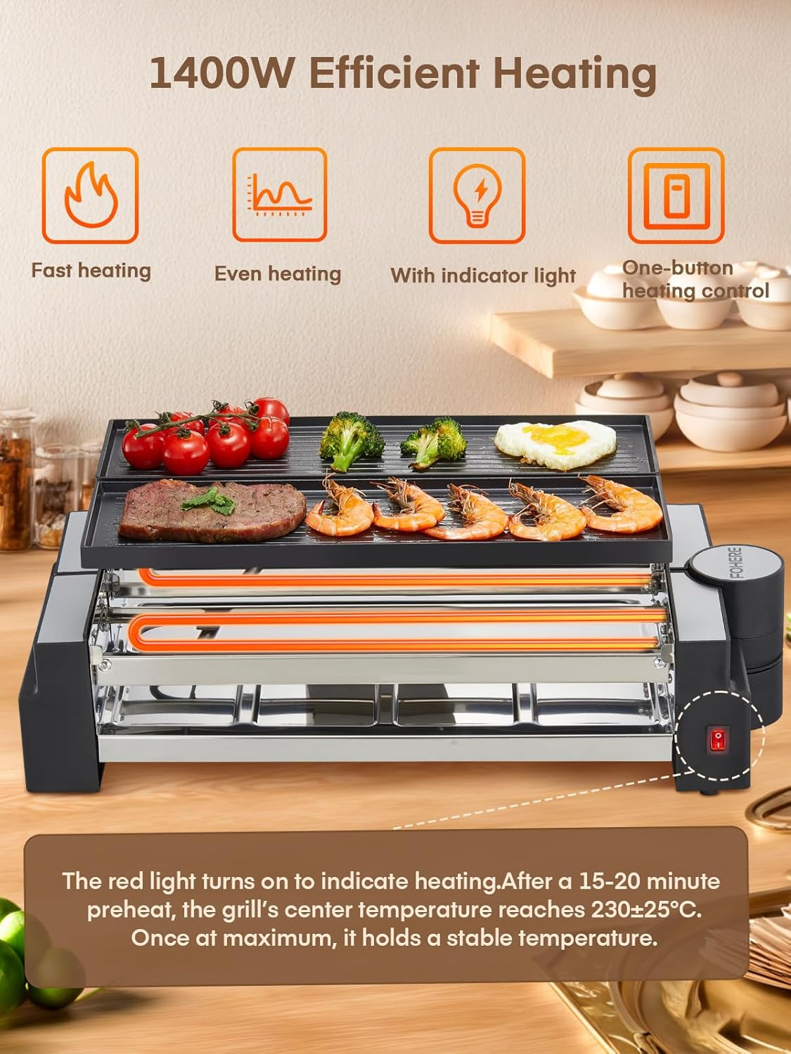 2-in-1 Electric Raclette Grill for 8, Non-Stick Plates & Cheese Pans Included