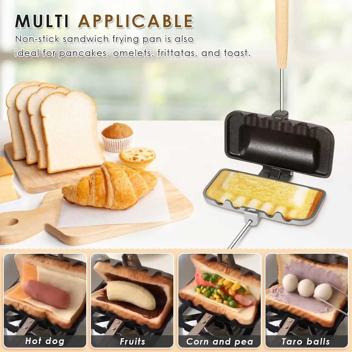 Hot Sandwich Maker, 4w1h Sandwich Maker Double Sided Pie Iron Non-Stick Cast …
